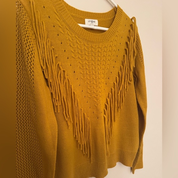 Umgee Mustard Fringe Knit Sweater Women’s Small Boho Western Pullover Top - Picture 3 of 6